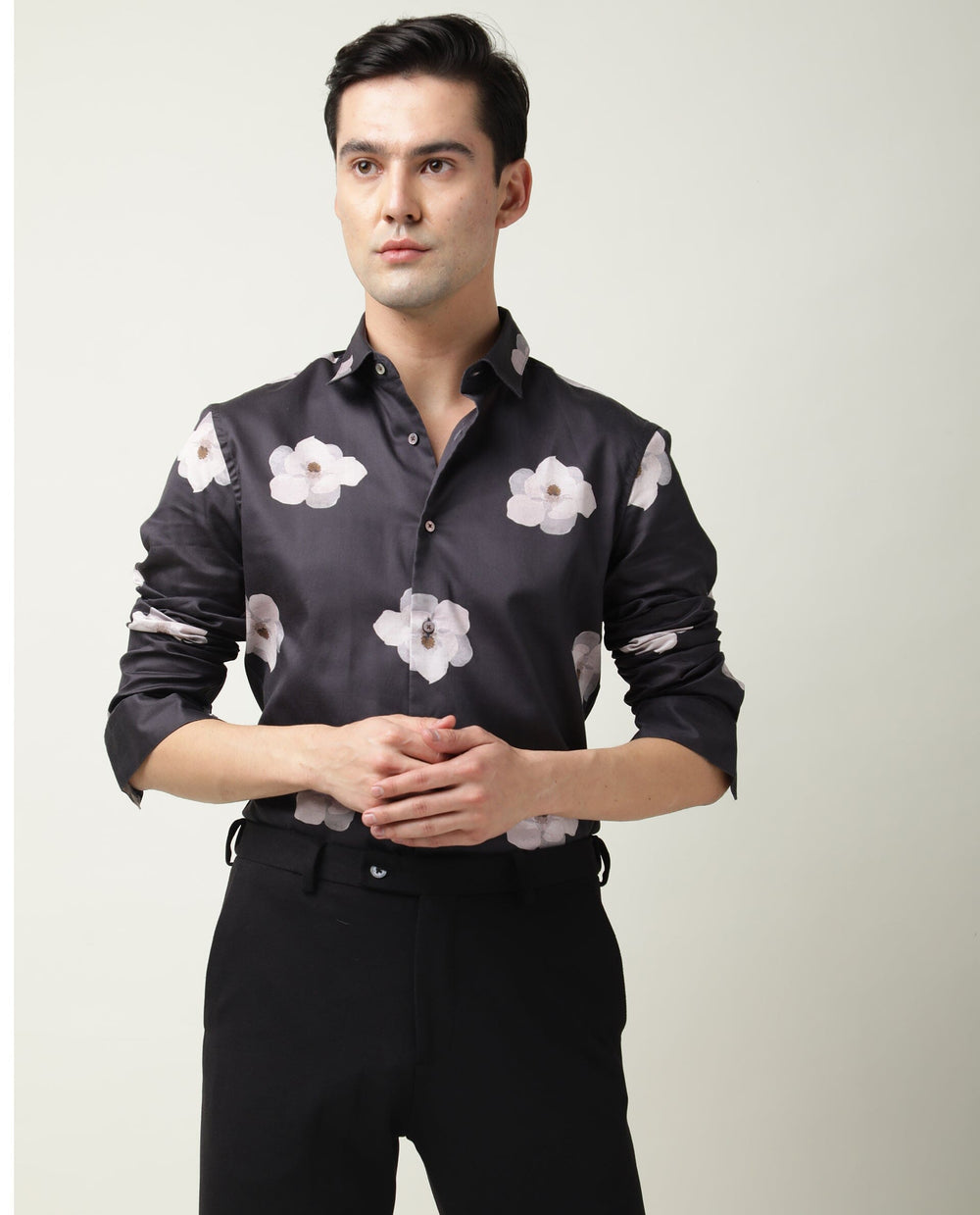 Rare Rabbit Men's Damo Black Cotton Floral Print Regular Fit Full Sleeve Collared Shirt