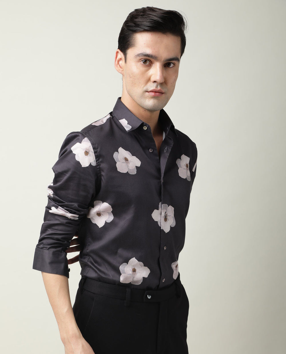 Rare Rabbit Men's Damo Black Cotton Floral Print Regular Fit Full Sleeve Collared Shirt