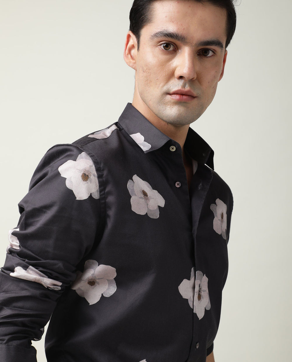 Rare Rabbit Men's Damo Black Cotton Floral Print Regular Fit Full Sleeve Collared Shirt