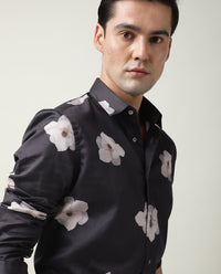 Rare Rabbit Men's Damo Black Cotton Floral Print Regular Fit Full Sleeve Collared Shirt