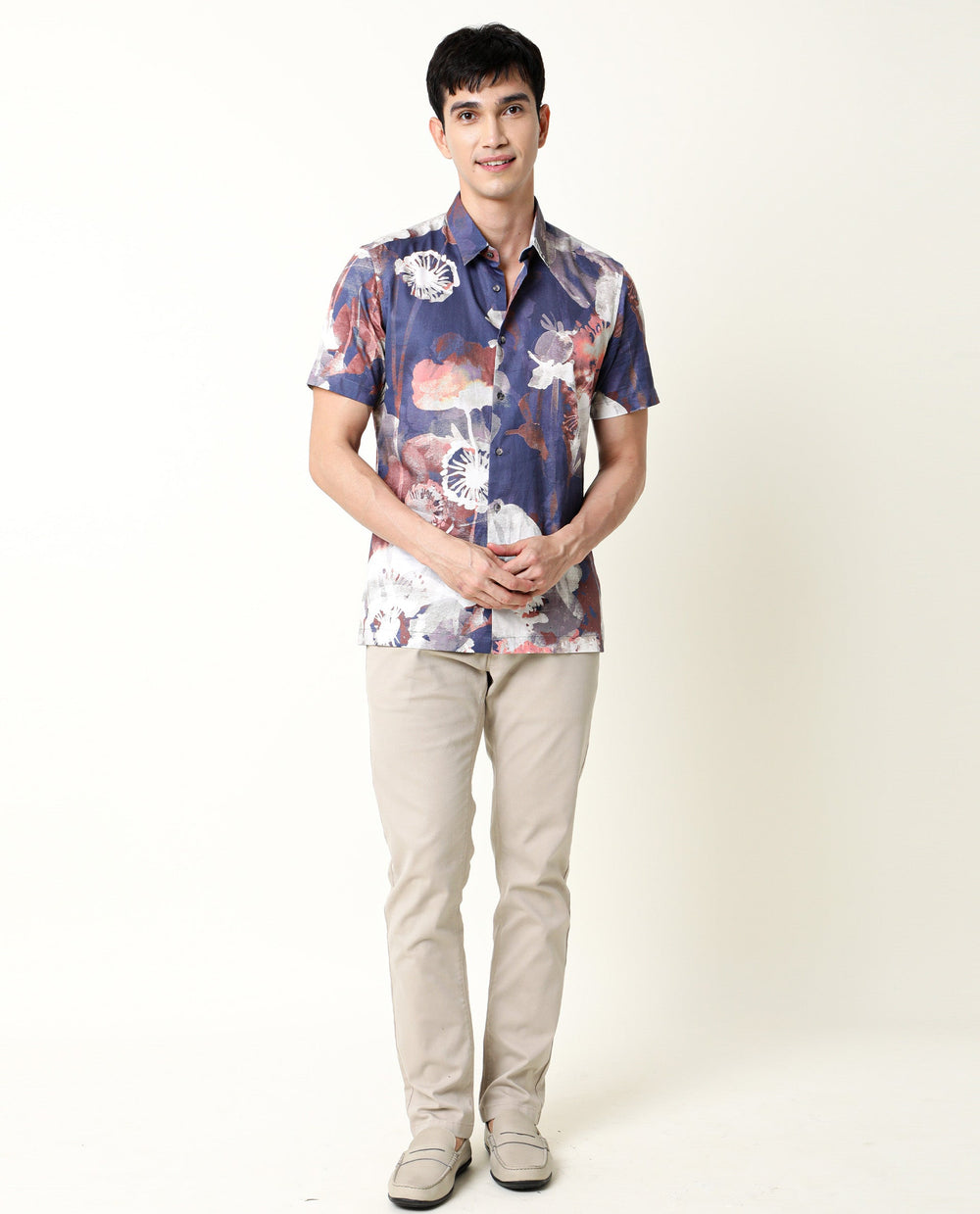 Rare Rabbit Men's Eighty Blue Cotton Floral Print Regular Fit Half Sleeve Collared Shirt