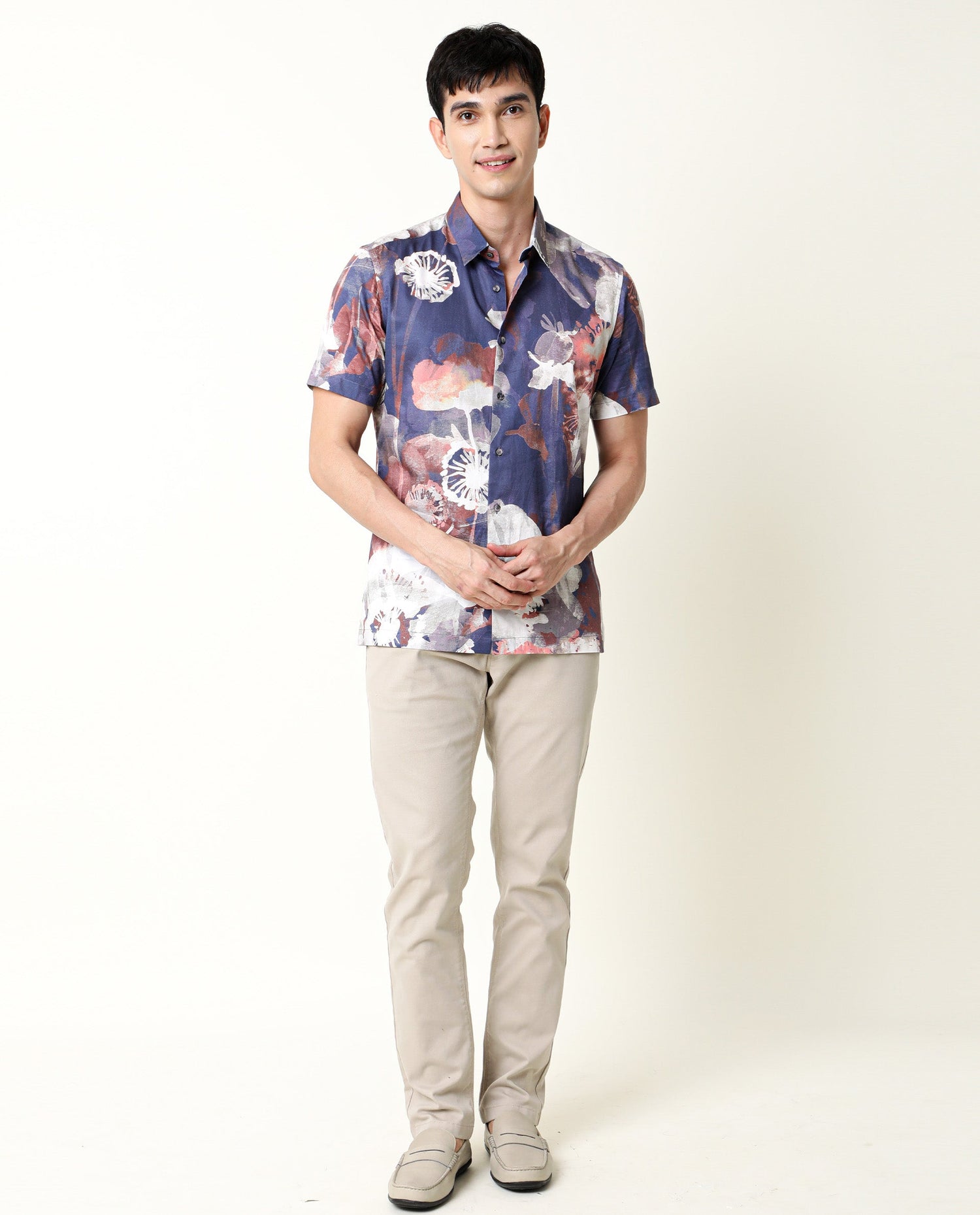 Rare Rabbit Men's Eighty Blue Cotton Floral Print Regular Fit Half Sleeve Collared Shirt