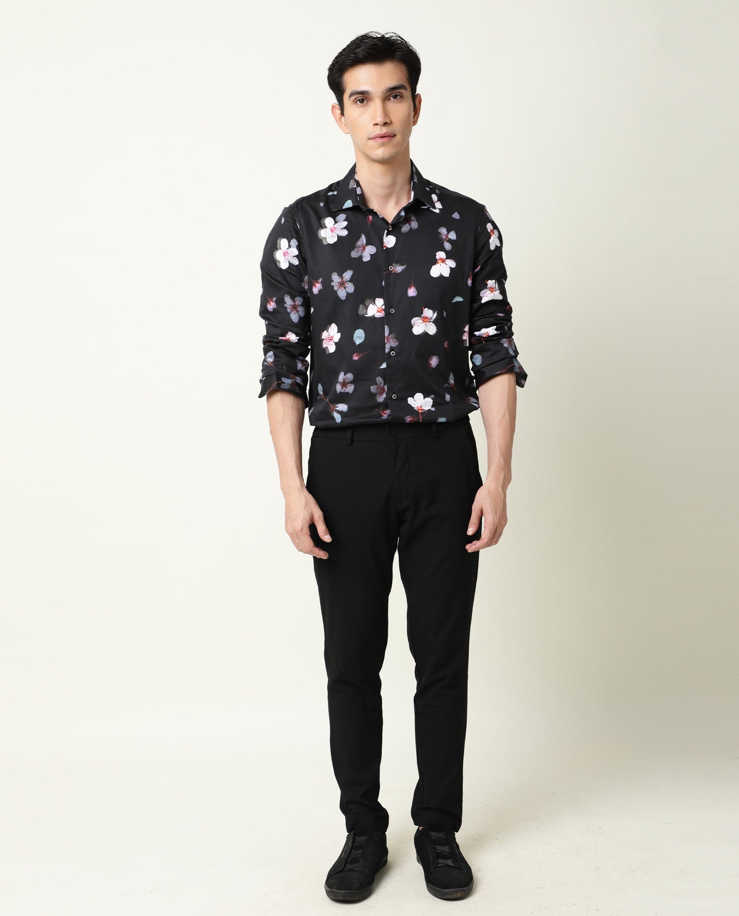 Rare Rabbit Men's Cuplet Black Cotton Floral Print Regular Fit Full Sleeve Collared Shirt