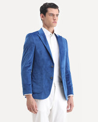 Rare Rabbit Men's Mazey Blue Velvet Plain Tailored Fit Full Sleeve Lapel Neck Blazer