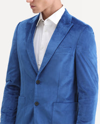 Rare Rabbit Men's Mazey Blue Velvet Plain Tailored Fit Full Sleeve Lapel Neck Blazer