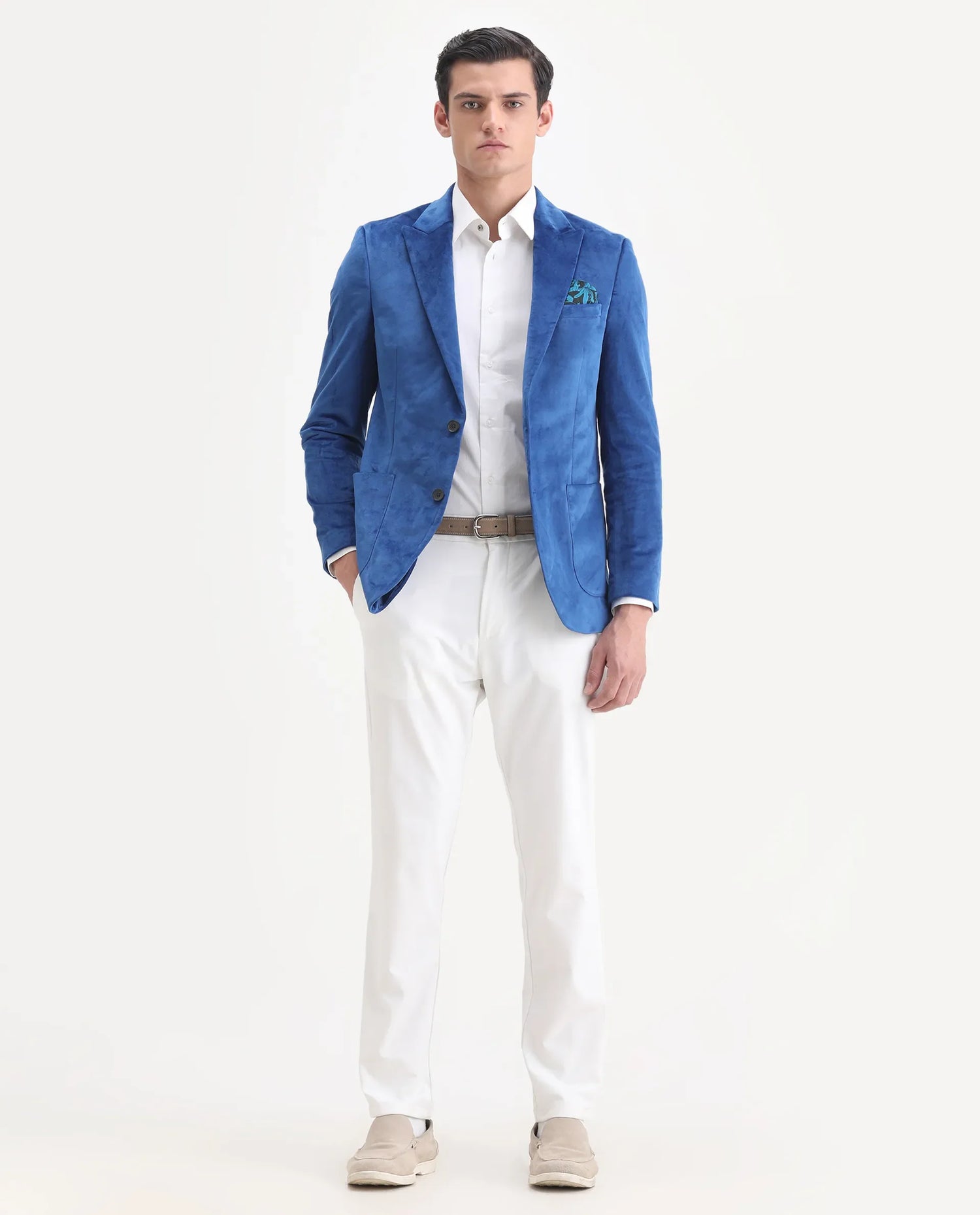 Rare Rabbit Men's Mazey Blue Velvet Plain Tailored Fit Full Sleeve Lapel Neck Blazer