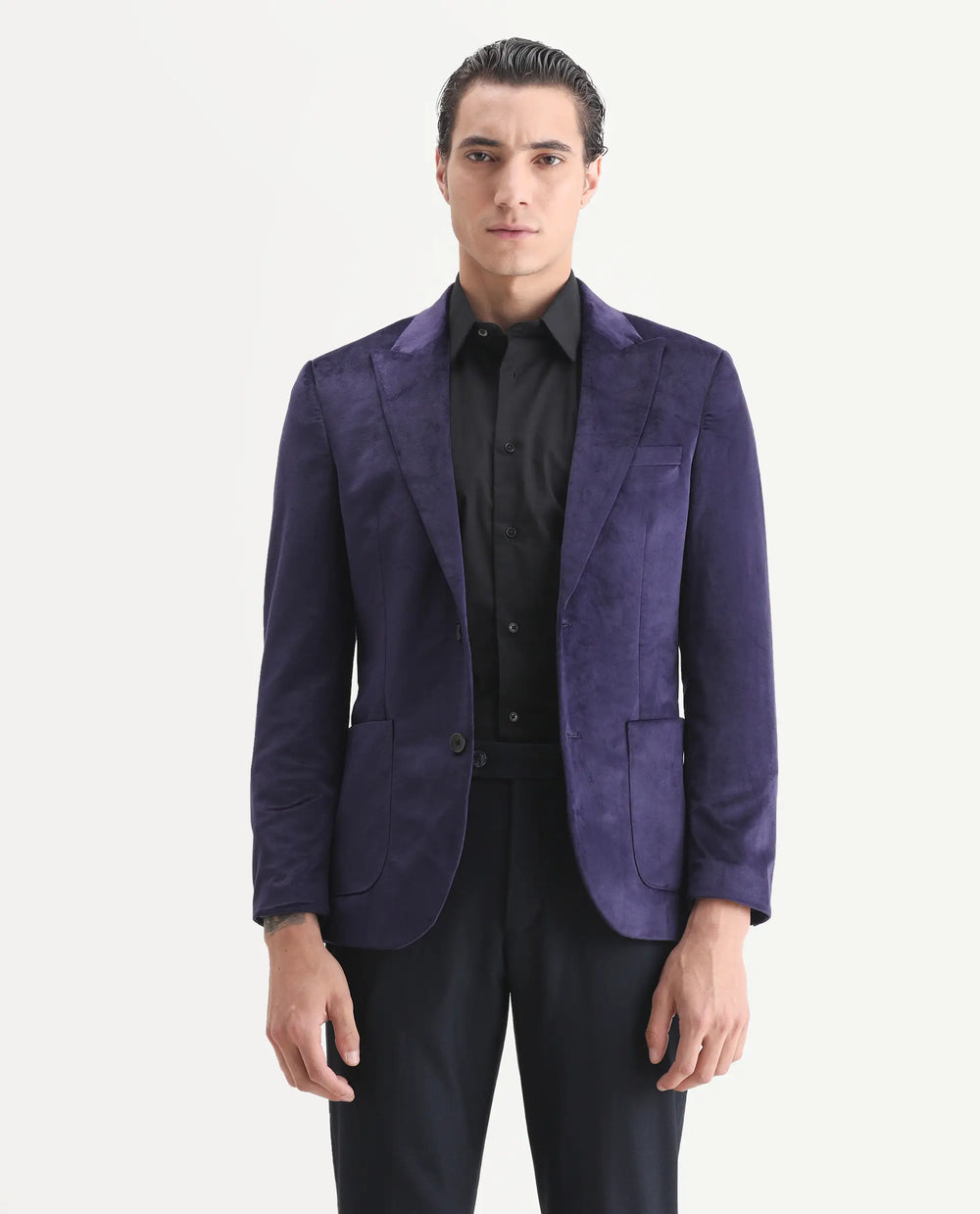 Rare Rabbit Men's Mazey Purple Velvet Plain Tailored Fit Full Sleeve Lapel Neck Blazer