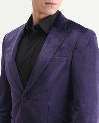Rare Rabbit Men's Mazey Purple Velvet Plain Tailored Fit Full Sleeve Lapel Neck Blazer