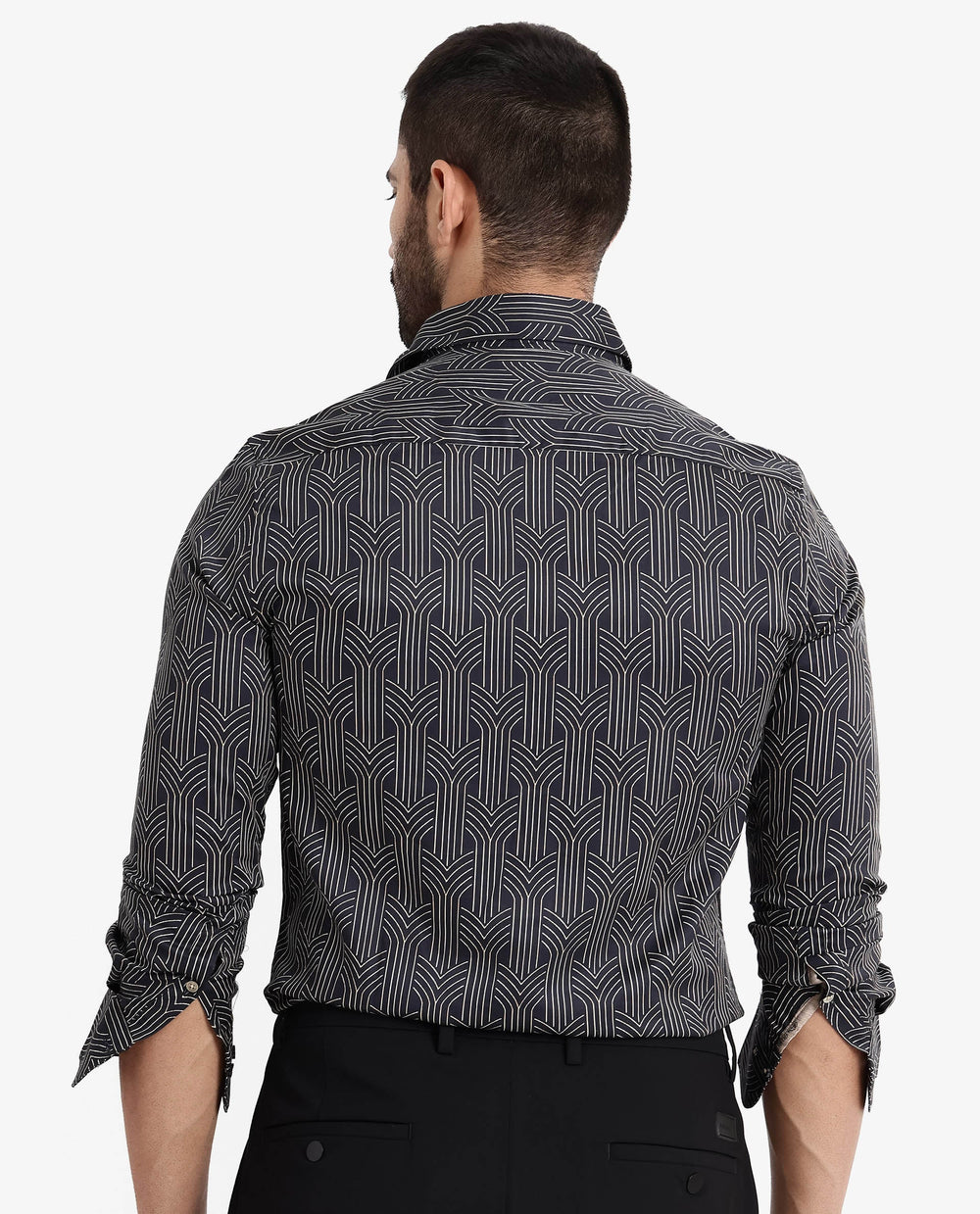 Rare Rabbit Men's Millen Black Cotton Geometric Print Regular Fit Full Sleeve Collared Shirt