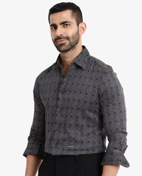Rare Rabbit Men's Millen Black Cotton Geometric Print Regular Fit Full Sleeve Collared Shirt