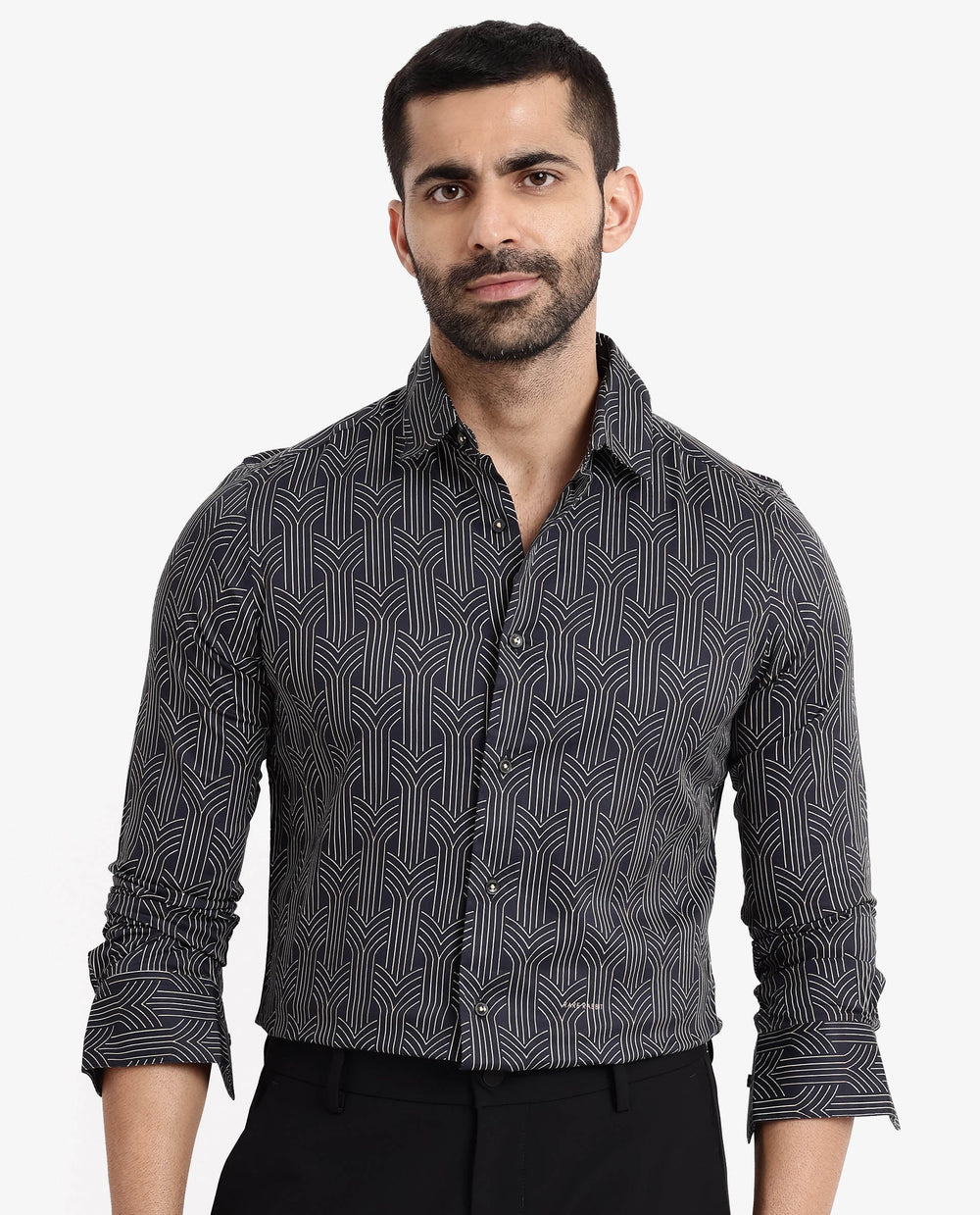 Rare Rabbit Men's Millen Black Cotton Geometric Print Regular Fit Full Sleeve Collared Shirt