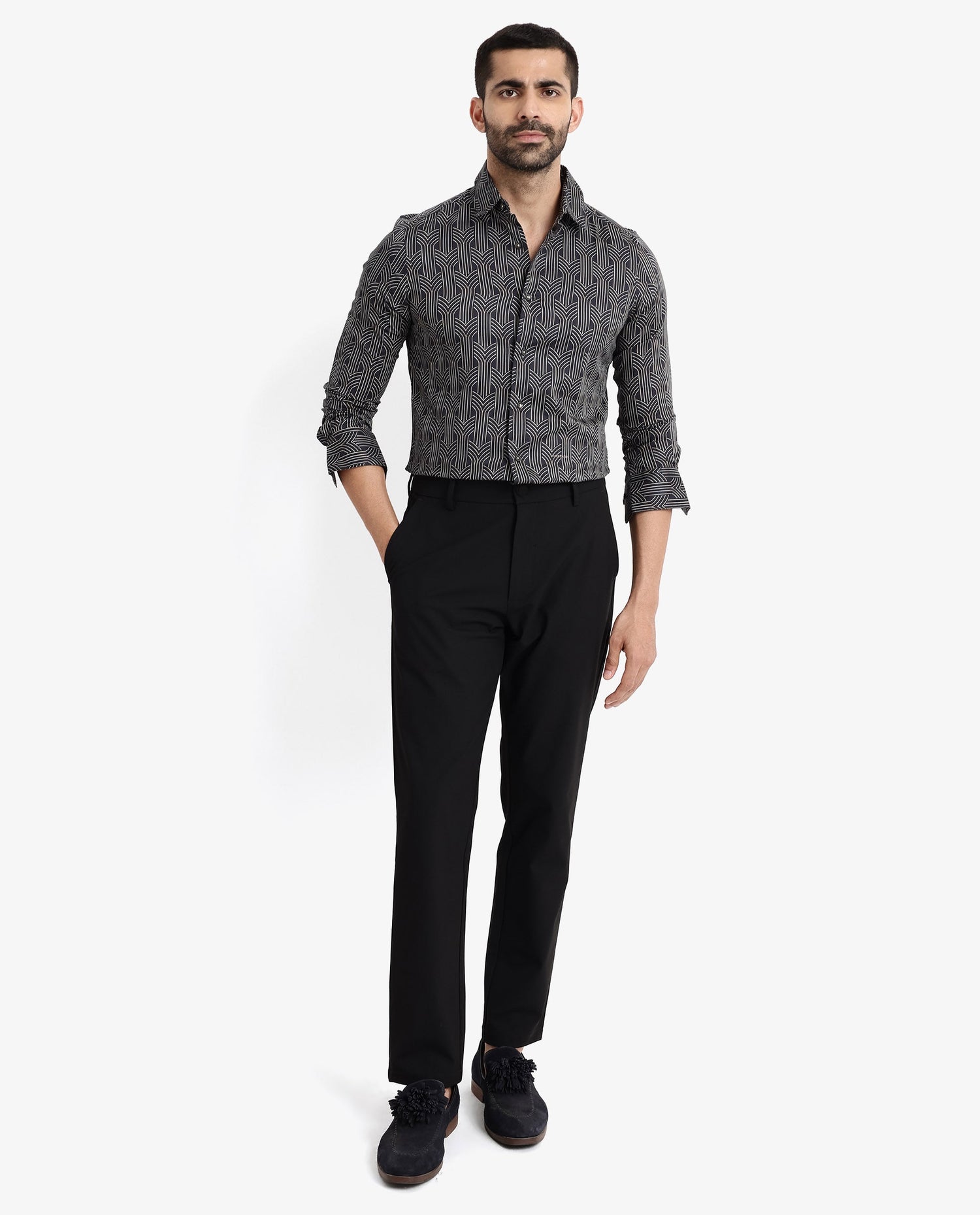 Rare Rabbit Men's Millen Black Cotton Geometric Print Regular Fit Full Sleeve Collared Shirt