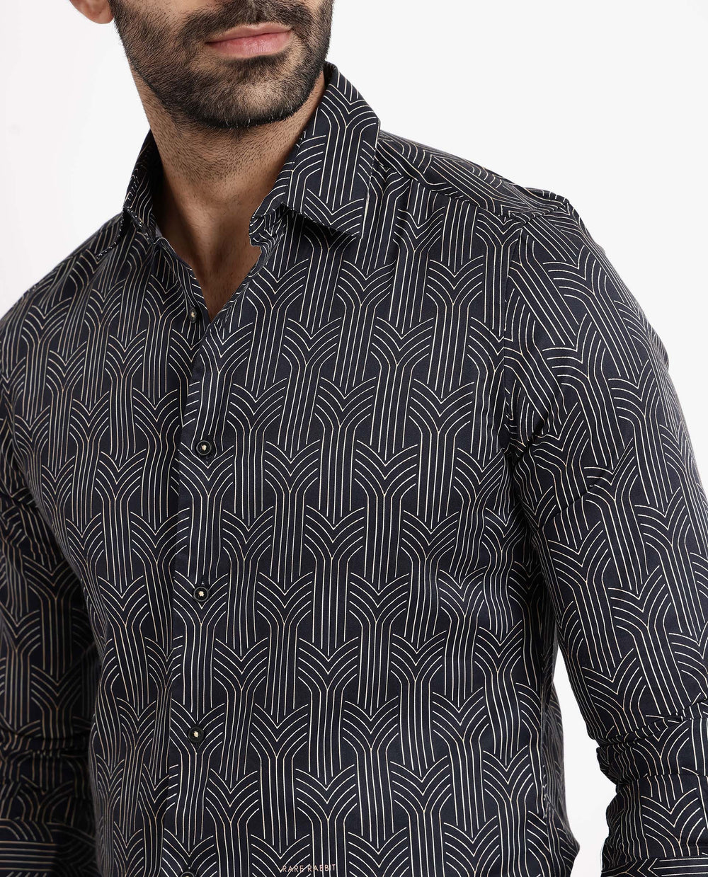 Rare Rabbit Men's Millen Black Cotton Geometric Print Regular Fit Full Sleeve Collared Shirt