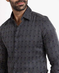 Rare Rabbit Men's Millen Black Cotton Geometric Print Regular Fit Full Sleeve Collared Shirt