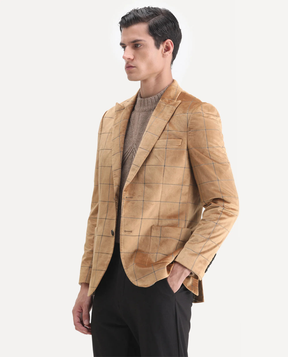 Rare Rabbit Men's Vewet Mustard Velvet Checked Print Tailored Fit Full Sleeve Lapel Neck Blazer