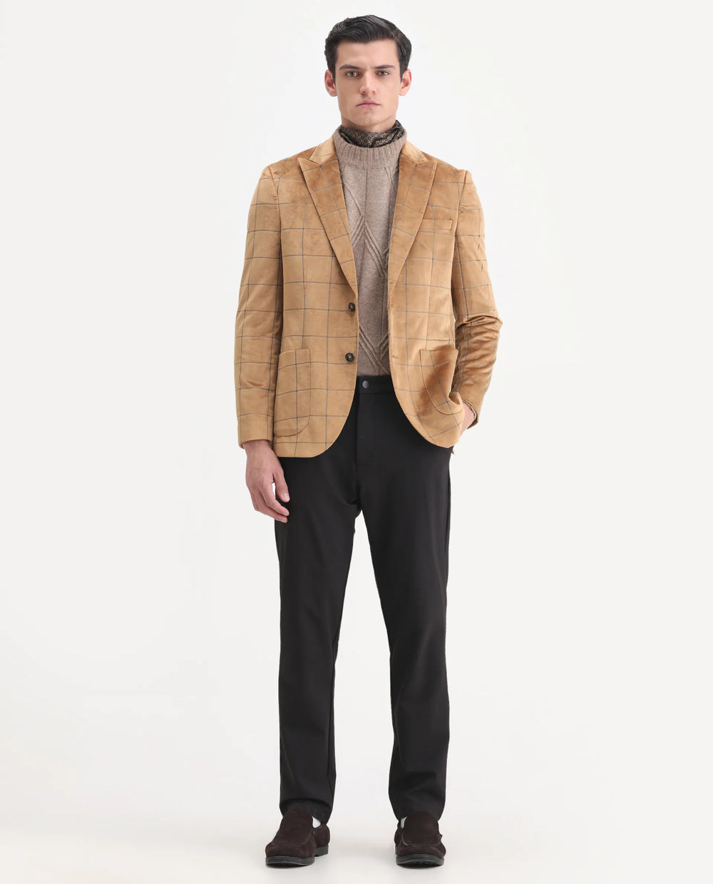 Rare Rabbit Men's Vewet Mustard Velvet Checked Print Tailored Fit Full Sleeve Lapel Neck Blazer