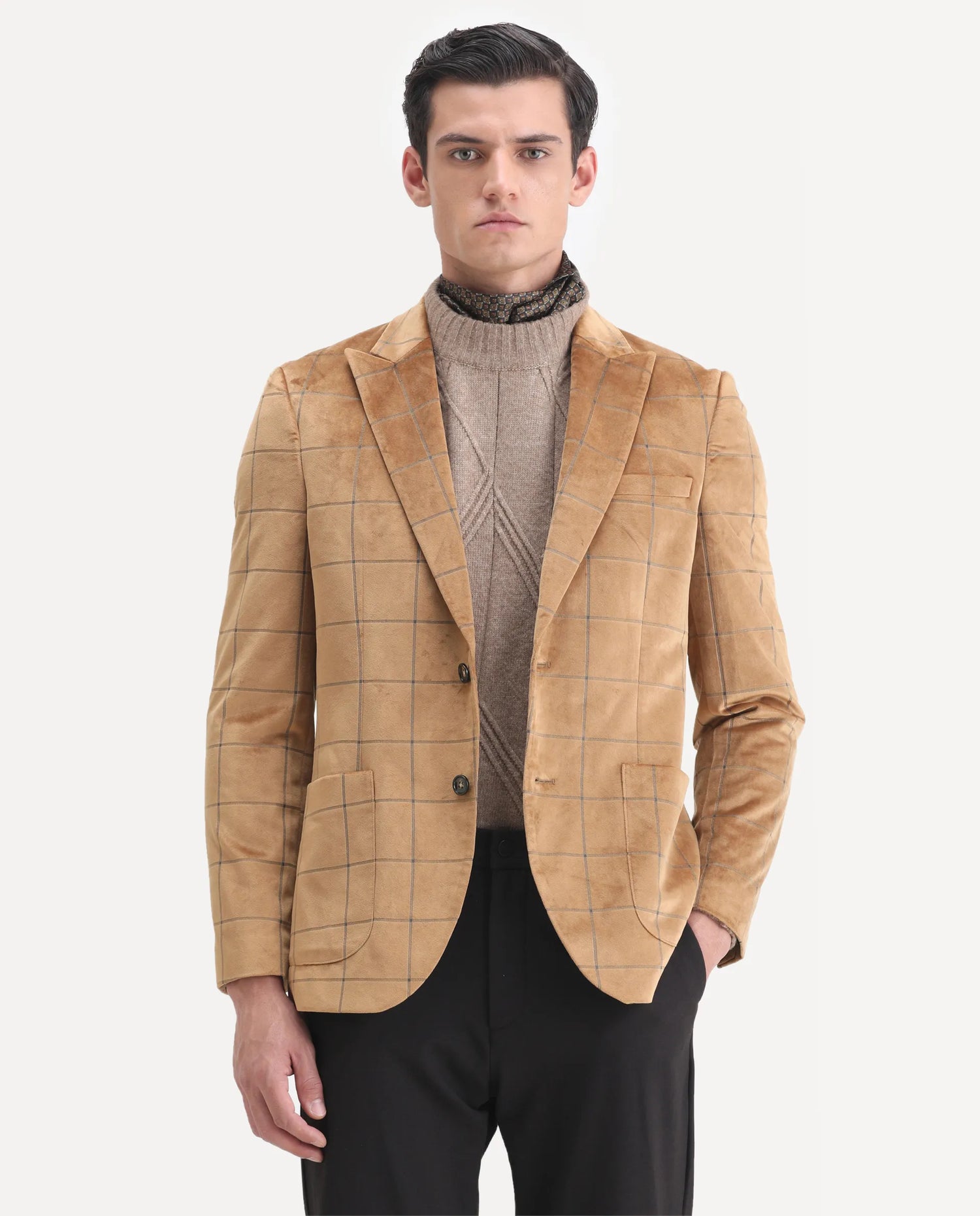 Rare Rabbit Men's Vewet Mustard Velvet Checked Print Tailored Fit Full Sleeve Lapel Neck Blazer