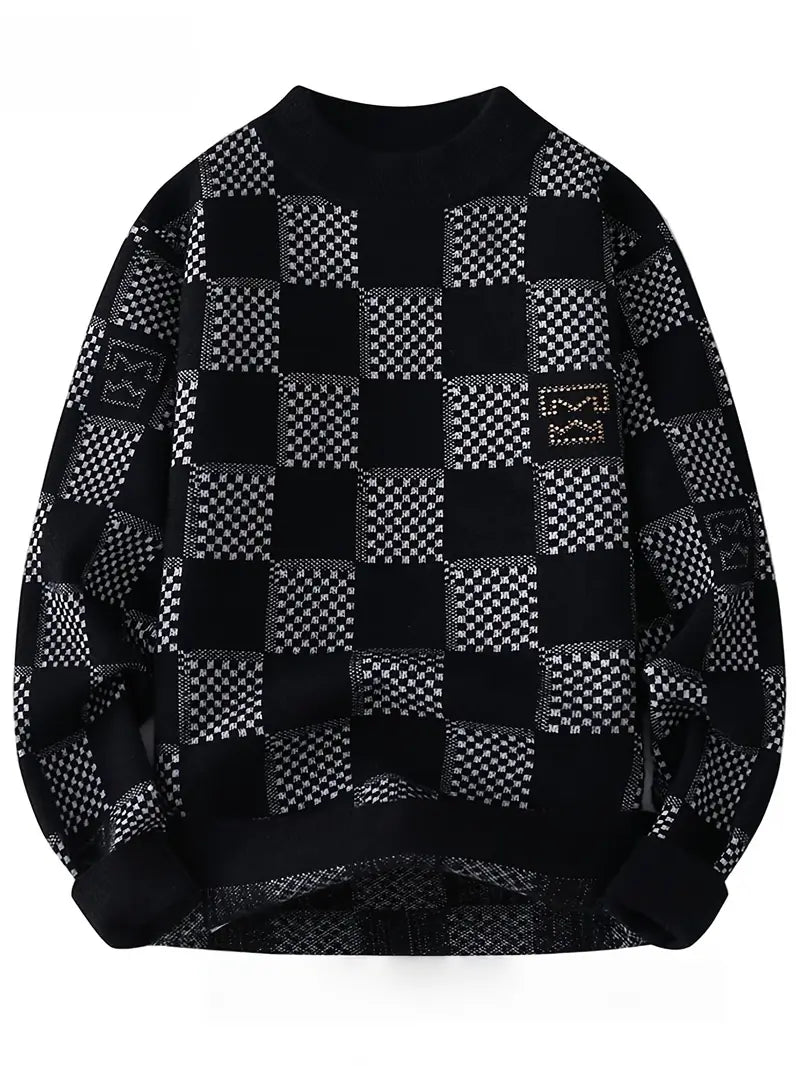 Clothic™ Monochrome Checkered Knit Sweater – Unisex Streetwear Vibe