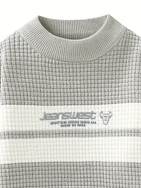 Clothic™ Textured Knit Sweater – Cream & Gray Block Stripe