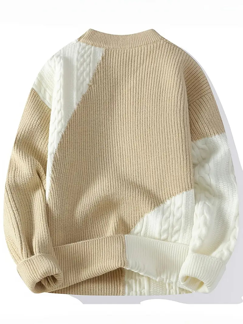 Clothic™ Two-Tone Patchwork Knitted Sweater – Beige & Ivory