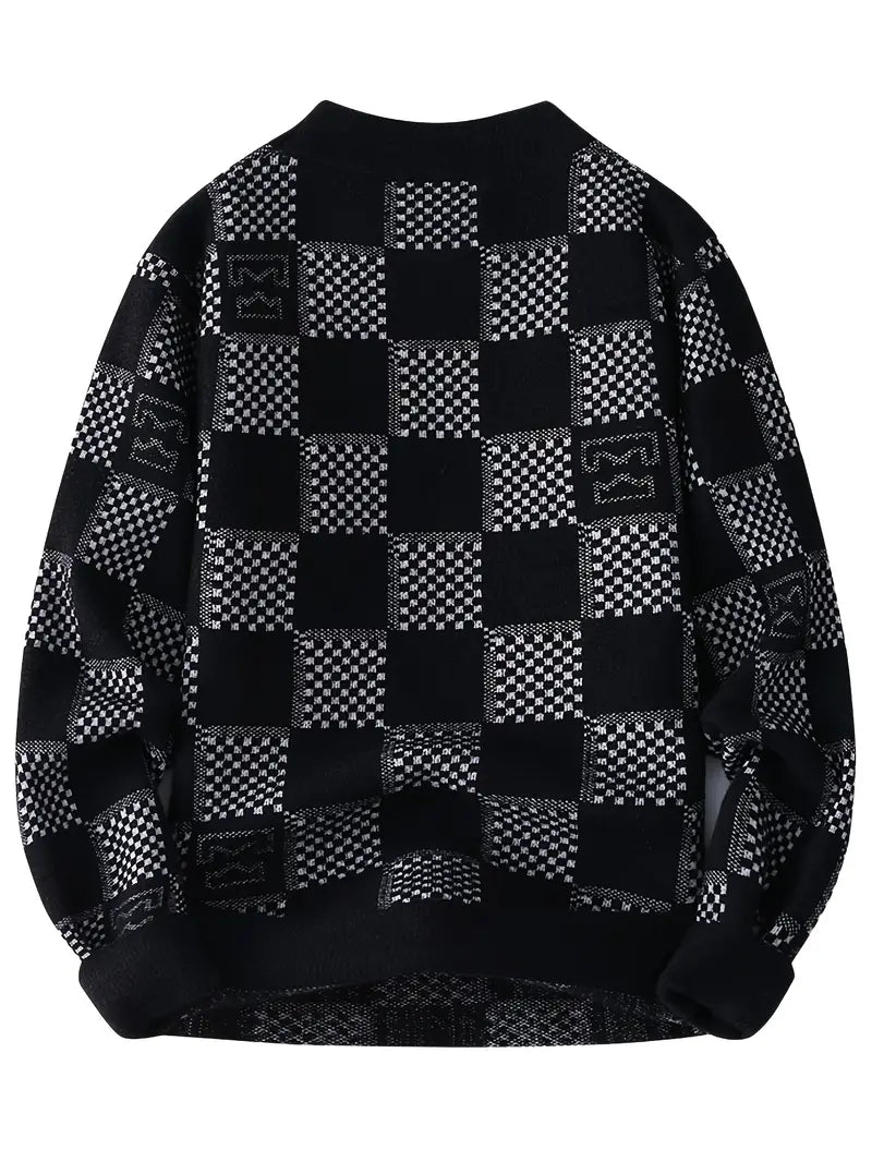 Clothic™ Monochrome Checkered Knit Sweater – Unisex Streetwear Vibe