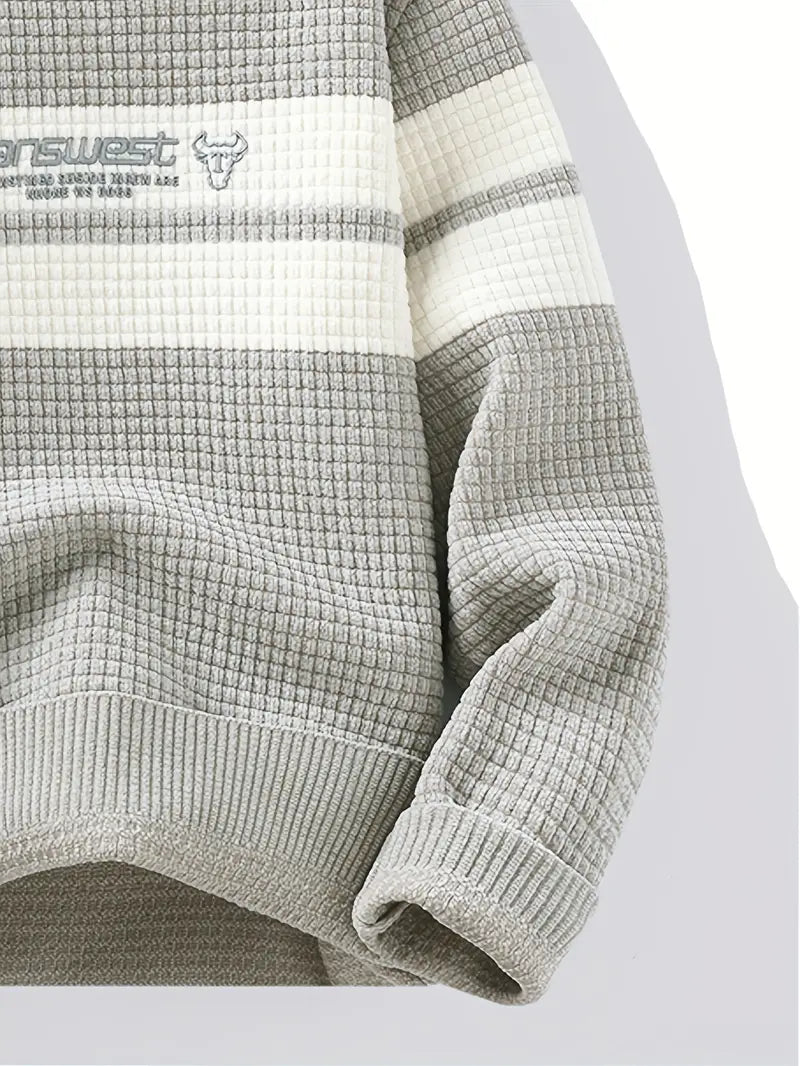 Clothic™ Textured Knit Sweater – Cream & Gray Block Stripe