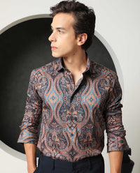 Rare Rabbit Men's Merger Navy Cotton Paisley Print Regular Fit Full Sleeve Collared Shirt