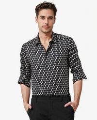Rare Rabbit Men's Hexa Black Cotton Geometric Print Regular Fit Full Sleeve Collared Shirt