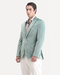 Rare Rabbit Men's Mazey Green Velvet Plain Tailored Fit Full Sleeve Lapel Neck Blazer