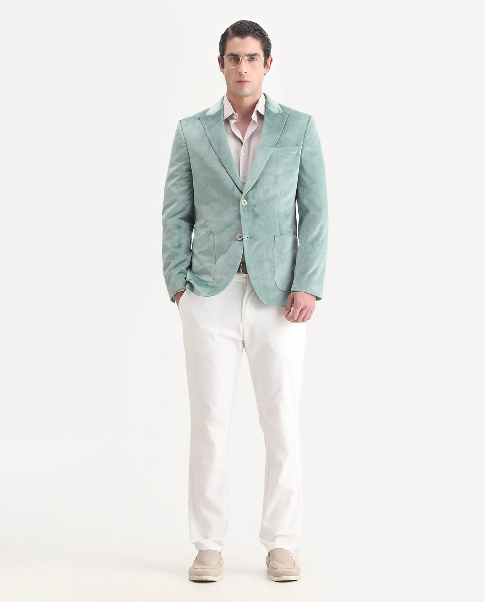 Rare Rabbit Men's Mazey Green Velvet Plain Tailored Fit Full Sleeve Lapel Neck Blazer