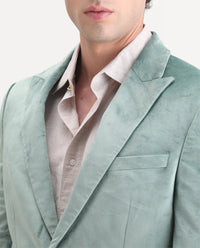 Rare Rabbit Men's Mazey Green Velvet Plain Tailored Fit Full Sleeve Lapel Neck Blazer